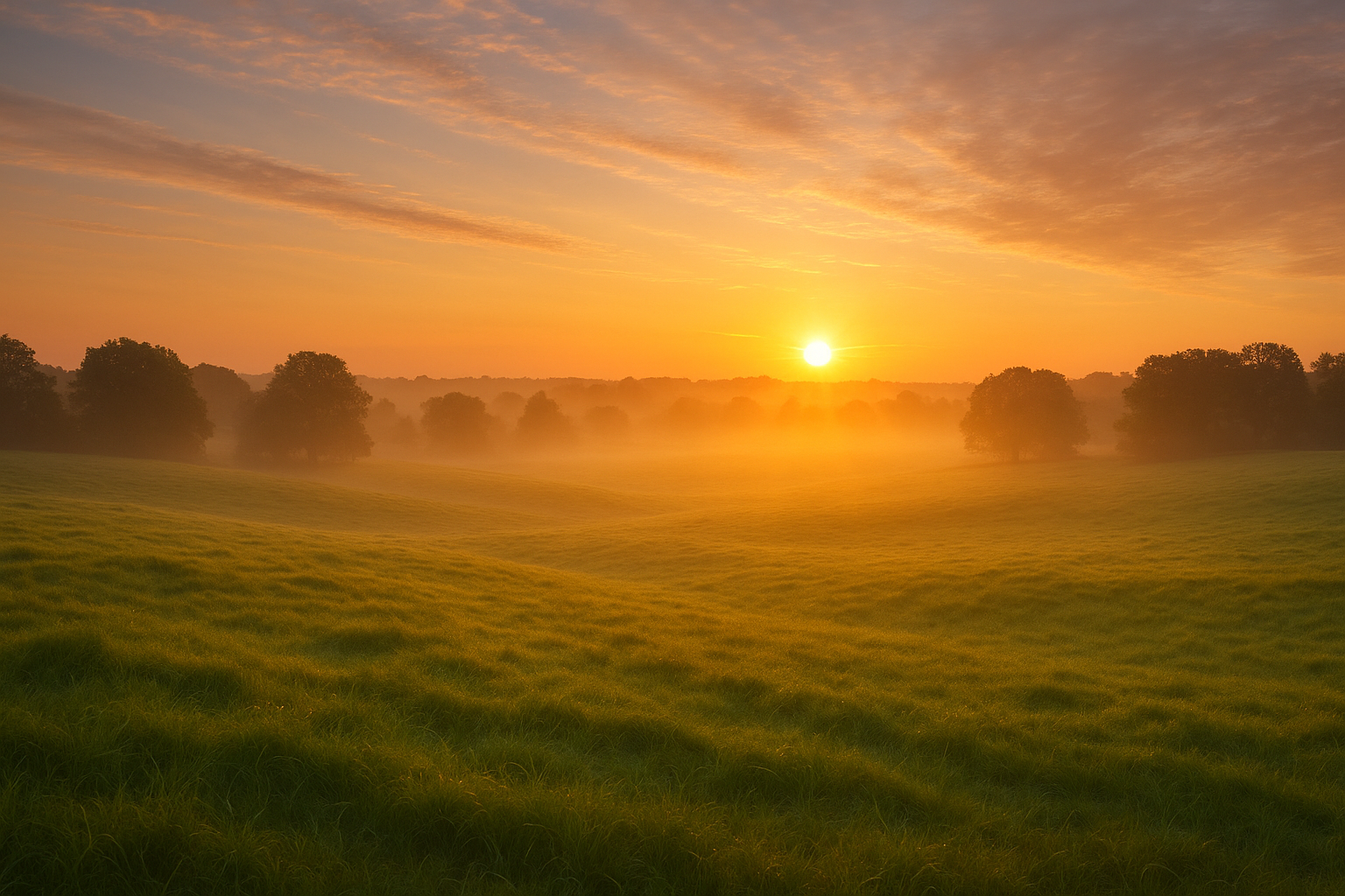 open pasture with sunrise in distance.